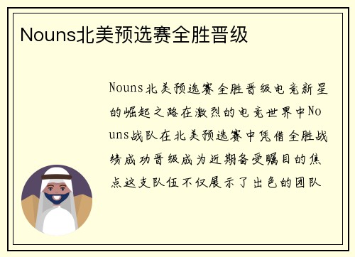 Nouns北美预选赛全胜晋级